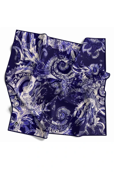 Twill Şal Desenli Lacivert Renkli 90x90 Eşarp (İpek İçermez) Kenar Dikiş Şekli El Dikişli ürün görseli 1