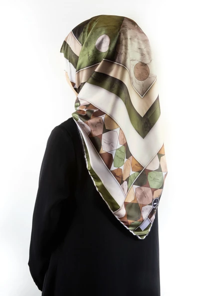 Twill Geometrik Mermer Desenli Haki Renkli 90x90 Eşarp (İpek İçermez) Kenar Dikiş Şekli El Dikişli ürün görseli 1