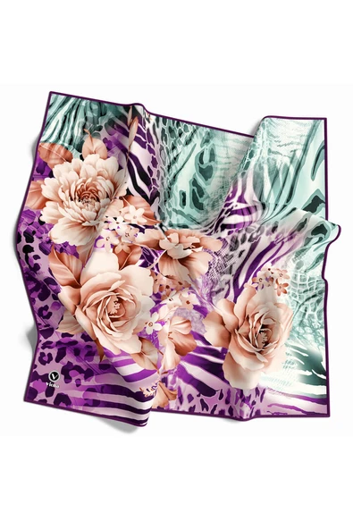 Twill Renkli Şerit Desenli Mor Renkli 90x90 Eşarp (İpek İçermez) Kenar Dikiş Şekli El Dikişli ürün görseli 1