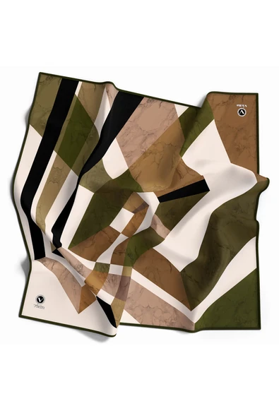 Twill Mermer Desenli Haki Renkli 90x90 Eşarp (İpek İçermez) Kenar Dikiş Şekli El Dikişli ürün görseli 1