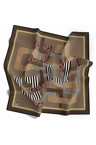 Twill Geometrik Desenli Bej Renkli 90x90 Eşarp (İpek İçermez) Kenar Dikiş Şekli El Dikişli ürün görseli 1