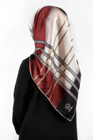 Twill Geometrik Desenli Siyah - Bordo Renkli 90x90 Eşarp (İpek İçermez) Kenar Dikiş Şekli El Dikişli ürün görseli 1