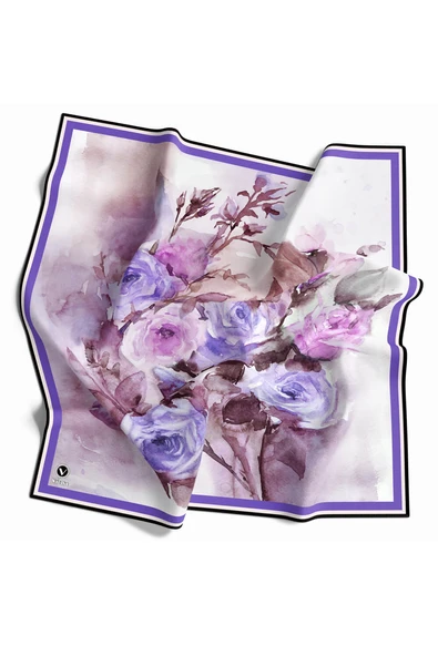 Rayon Çiçek Desenli Mor Renkli 90x90 Eşarp (İpek İçermez) Kenar Dikiş Şekli El Dikişli ürün görseli 1