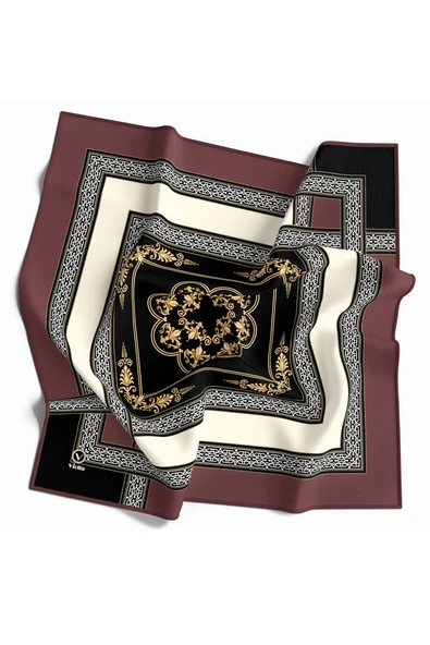 Twill Baroklu Bordür Desenli Gül Kurusu Renkli 90x90 Eşarp (İpek İçermez) Kenar Dikiş Şekli El Dikişli ürün görseli 1