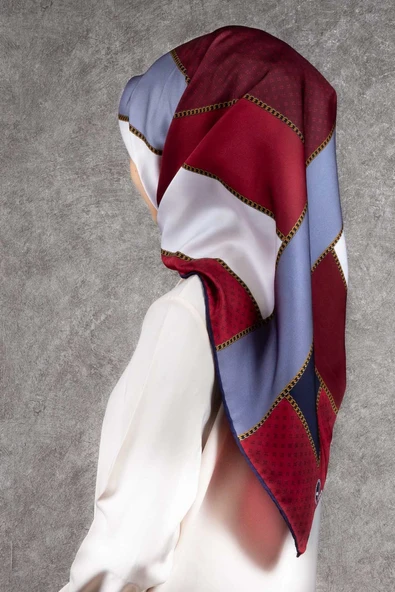 Twill Geometrik Desenli Bordo - Lacivert Renkli 90x90 Eşarp (İpek İçermez) Kenar Dikiş Şekli El Dikişli ürün görseli 1
