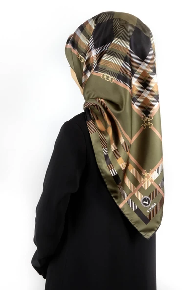 Twill Kemerli ve Ekose Desenli Haki Yeşili Renkli 90x90 Eşarp (İpek İçermez)Kenar Dikiş Şekli El Dikişli ürün görseli 1
