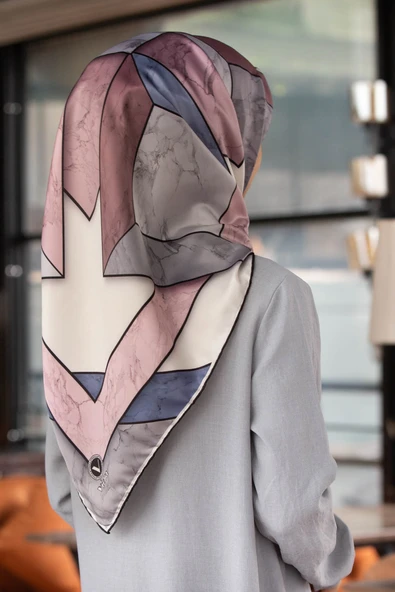 Twill Mermer Desenli Pudra - Bebe Mavisi Renkli 90x90 Eşarp (İpek İçermez) Kenar Dikiş Şekli El Dikişli ürün görseli 1