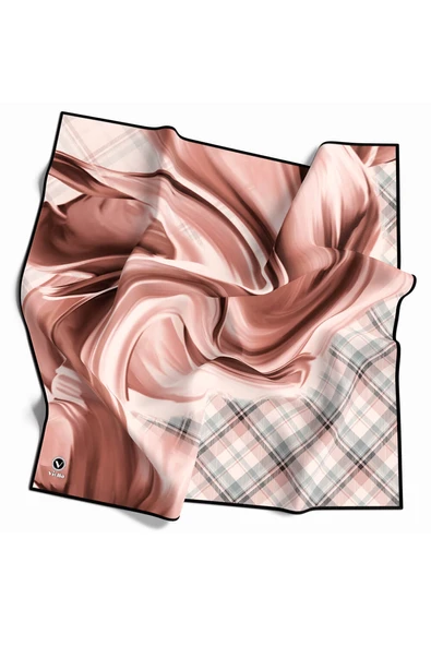 Twill Dalga ve Ekose Desenli Somon Renkli 90x90 Eşarp (İpek İçermez)Kenar Dikiş Şekli El Dikişli ürün görseli 1