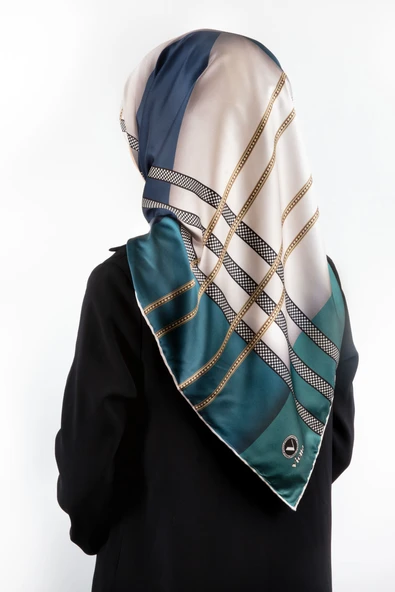 Twill Geometrik Desenli Petrol Yeşili - İndigo Renkli 90x90 Eşarp (İpek İçermez) Kenar Dikiş Şekli El Dikişli ürün görseli 1