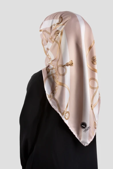 Twill Çizgili Kemer ve Zinci Desenli Bej Renkli 90x90 Eşarp (İpek İçermez) Kenar Dikiş Şekli El Dikişli ürün görseli 1