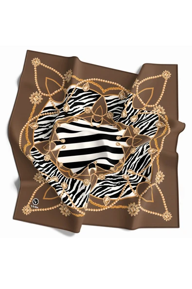 Twill Gold Detaylı Zebra Desenli Vizon Renkli 90x90 Eşarp (İpek İçermez) Kenar Dikiş Şekli El Dikişli ürün görseli 1