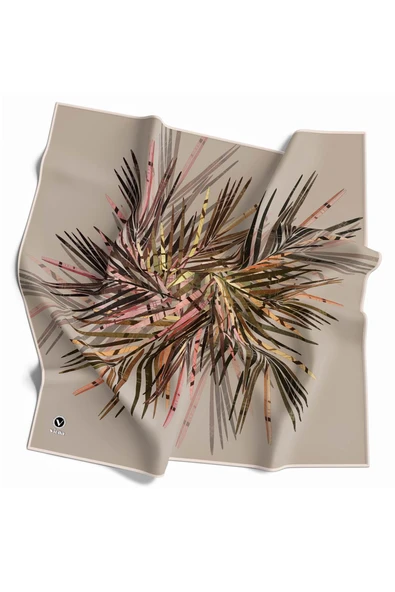 Twill Havai Fişek Desenli Bej Renkli 90x90 Eşarp (İpek İçermez) Kenar Dikiş Şekli El Dikişli ürün görseli 1