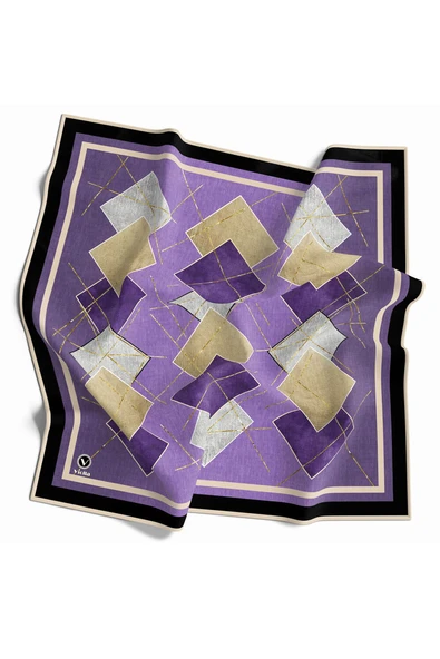 Twill Geometrik Desenli Lila Renkli 90x90 Eşarp (İpek İçermez) Kenar Dikiş Şekli El Dikişli ürün görseli 1