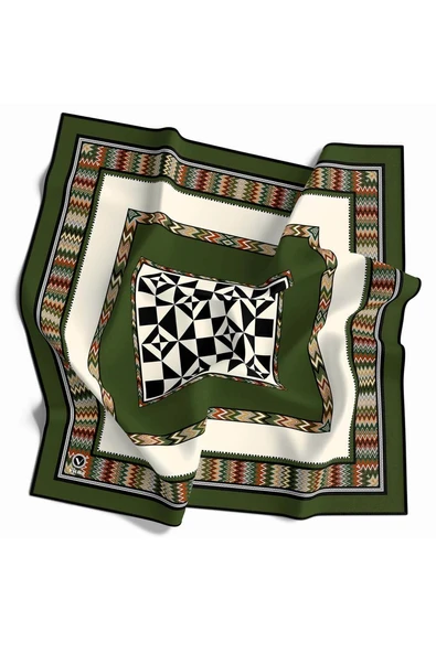 Kristal Geometrik Desenli Haki - Krem Renkli 90x90 Dikim Şekli : El Dikişi Eşarp (İpek İçermez) ürün görseli 1