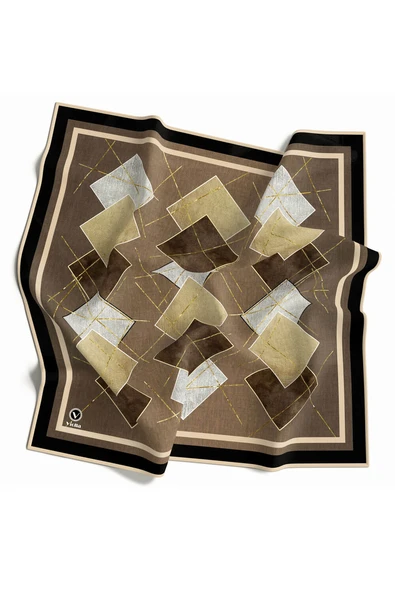 Twill Geometrik Desenli Vizon Renkli 90x90 Eşarp (İpek İçermez) Kenar Dikiş Şekli El Dikişli ürün görseli 1