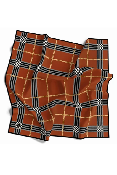Twill Ekose Desenli Taba Renkli 90x90 Eşarp (İpek İçermez) Kenar Dikiş Şekli El Dikişli ürün görseli 1