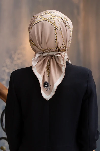 Twill Boncuk Desenli Bej Renkli 90x90 Eşarp (İpek İçermez) Kenar Dikiş Şekli El Dikişli ürün görseli 1