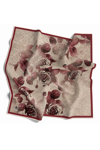 Twill Gül Desenli Bordo Renkli 90x90 Eşarp (İpek İçermez) Kenar Dikiş Şekli El Dikişli ürün görseli 1