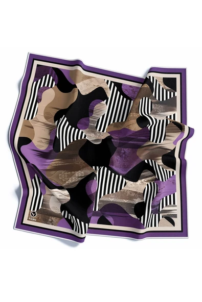 Twill Çizgili Geometrik Desenli Mor Renkli 90x90 Eşarp (İpek İçermez) ürün görseli 1