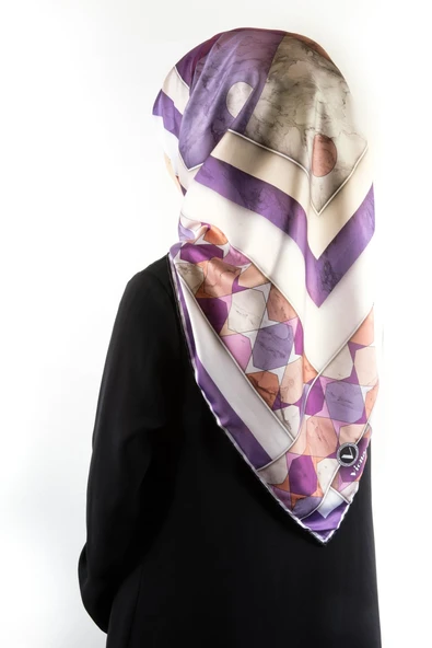 Twill Geometrik Mermer Desenli Lila Renkli 90x90 Eşarp (İpek İçermez) Kenar Dikiş Şekli El Dikişli ürün görseli 1