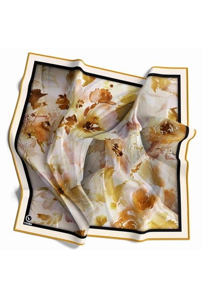 Rayon Sulu Boyalı Çiçek Desenli Hardal Renkli 90x90 Eşarp (İpek İçermez) Kenar Dikiş Şekli El Dikişli ürün görseli 1