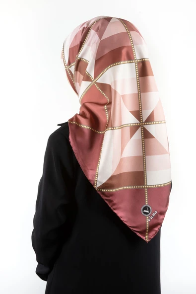 Twill Geometrik Desenli Gül Kurusu Renkli 90x90 Eşarp (İpek İçermez) Kenar Dikiş Şekli El Dikişli ürün görseli 1