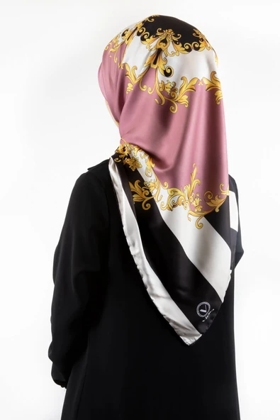 Twill Çizgili Barok Desenli Pudra Renkli 90x90 Eşarp (İpek İçermez) ürün görseli 1