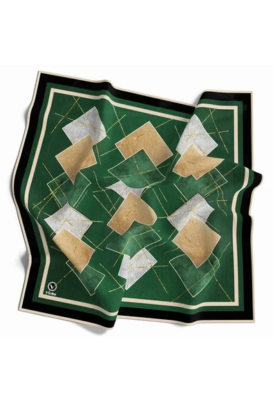 Twill Geometrik Desenli Petrol Yeşili Renkli 90x90 Eşarp (İpek İçermez) Kenar Dikiş Şekli El Dikişli ürün görseli 1