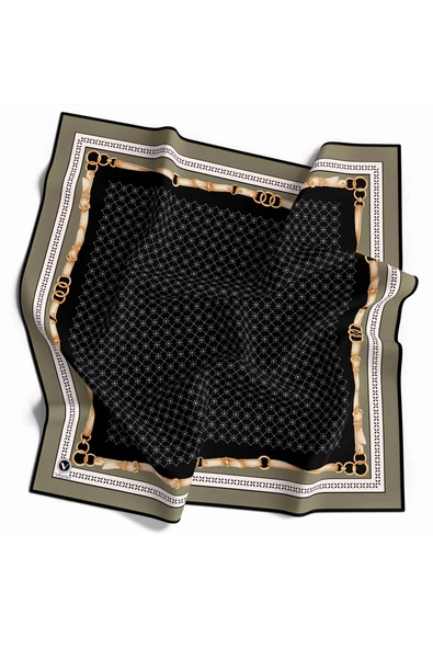 Twill Kemerli ve Çıtır Motifli Desenli Haki Renkli 90x90 Eşarp (İpek İçermez) Dikim Şekli : El Dikişi ürün görseli 1