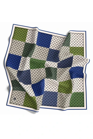 Twill Kare Desenli Saks Renkli 90x90 Eşarp (İpek İçermez) Kenar Dikiş Şekli El Dikişli ürün görseli 1
