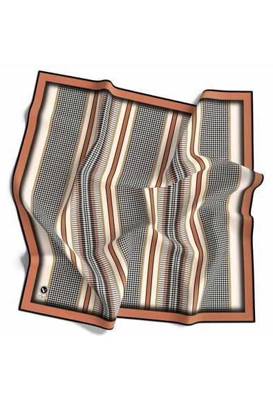 Twill Kazayaklı Şerit Desenli Somon Renkli 90x90 Eşarp (İpek İçermez) Kenar Dikiş Şekli El Dikişli ürün görseli 1