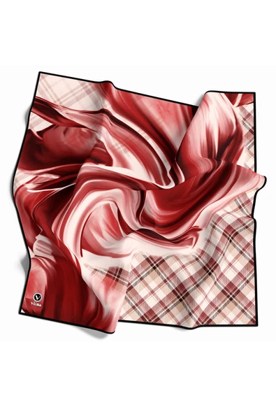 Twill Dalga ve Ekose Desenli Bordo Renkli 90x90 Eşarp (İpek İçermez)Kenar Dikiş Şekli El Dikişli ürün görseli 1