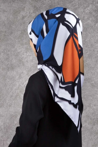 Twill Geometrik Desenli Taba - İndigo Renkli 90x90 Eşarp (İpek İçermez) Dikim Şekli : El Dikişi ürün görseli 1