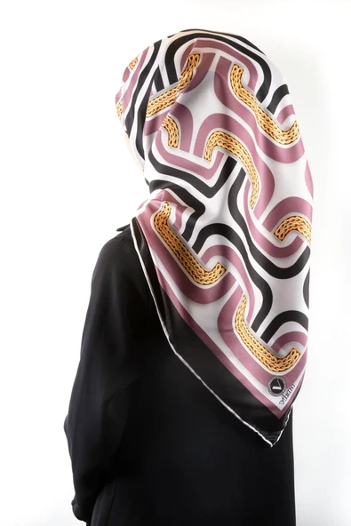 Twill Geometrik Zincir Desenli Pembe Renkli 90x90 Eşarp (İpek İçermez) Kenar Dikiş Şekli El Dikişli ürün görseli 1