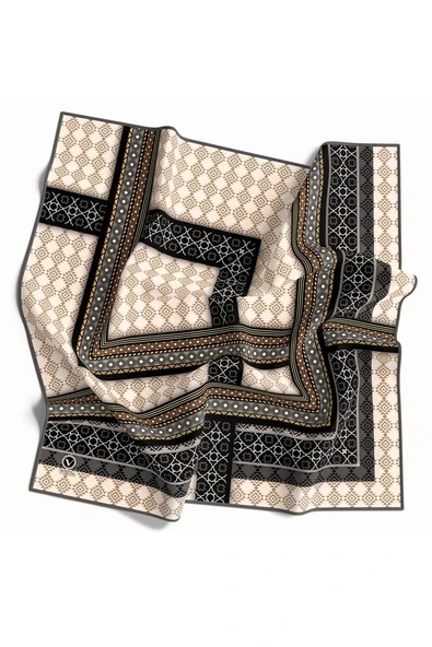 Twill Etnik Desenli Gri Renkli 90x90 Eşarp (İpek İçermez) Kenar Dikiş Şekli El Dikişli ürün görseli 1