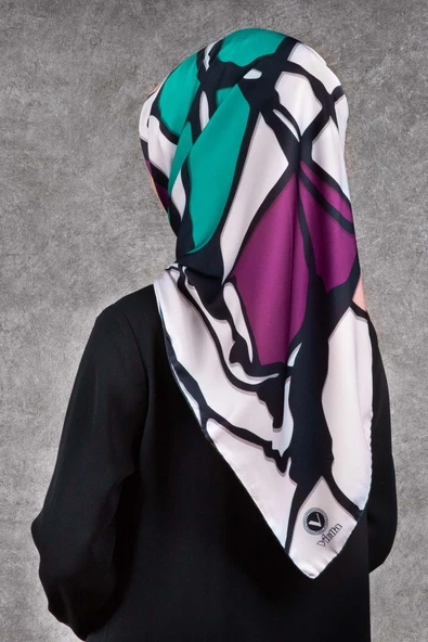 Twill Geometrik Desenli Mürdüm - Petrol Yeşili Renkli 90x90 Eşarp (İpek İçermez) Dikim Şekli : El Dikişi ürün görseli 1