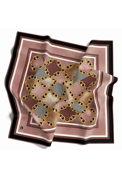 Twill Zincirli Geometrik Desenli Pudra Renkli 90x90 Eşarp (İpek İçermez) Dikim Şekli : El Dikişi ürün görseli 1