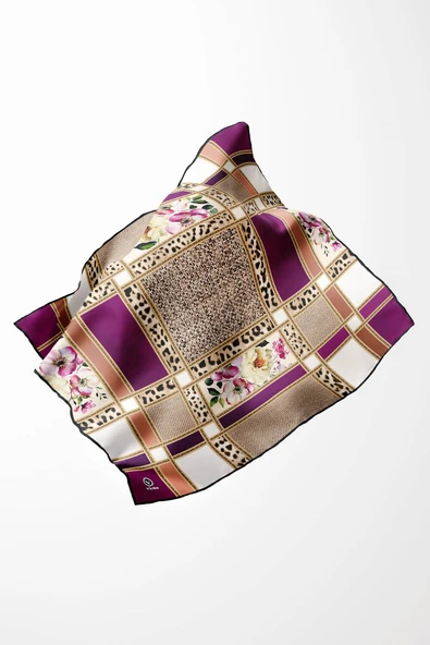 Twill Leopar ve Çiçek Desenli Mürdüm - Bej  Renkli 90x90 Eşarp (İpek İçermez) Dikim Şekli : El Dikişi ürün görseli 1