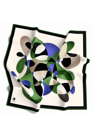 Twill Geometrik Desenli Zümrüt Yeşili - Saks Renkli 90x90 Eşarp (İpek İçermez) Kenar Dikiş Şekli El Dikişli ürün görseli 1
