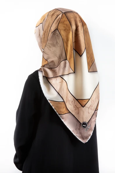 Twill Mermer Desenli Hardal - Bej Renkli 90x90 Eşarp (İpek İçermez) Kenar Dikiş Şekli El Dikişli ürün görseli 1