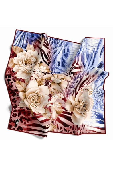Twill Renkli Şerit Desenli Bordo Renkli 90x90 Eşarp (İpek İçermez) Kenar Dikiş Şekli El Dikişli ürün görseli 1