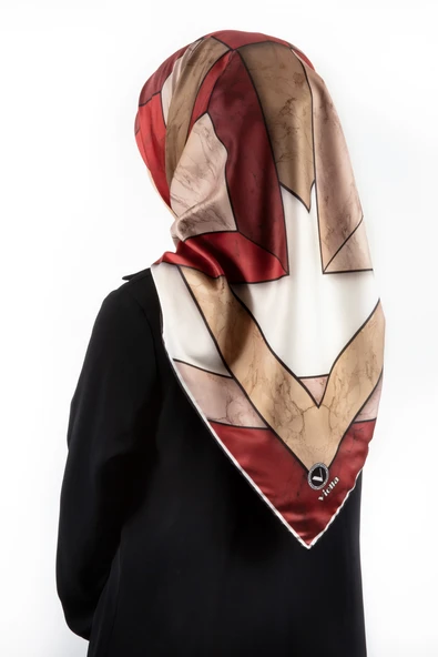Twill Mermer Desenli Bordo - Bej Renkli 90x90 Eşarp (İpek İçermez) Kenar Dikiş Şekli El Dikişli ürün görseli 1