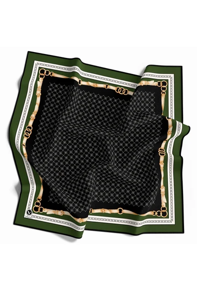 Twill Kemerli ve Çıtır Motifli Desenli Zümrüt Yeşili Renkli 90x90 Eşarp (İpek İçermez) Dikim Şekli : El Dikişi ürün görseli 1