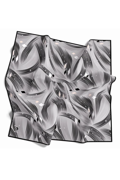 Rayon Geometrik Çizgili Desenli Gri Renkli 90x90 Eşarp (İpek İçermez) Kenar Dikiş Şekli El Dikişli ürün görseli 1