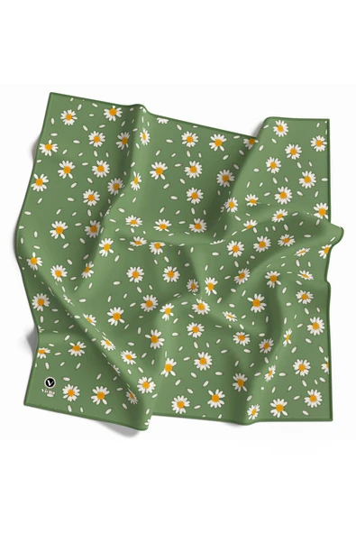 Twill Papatya Desenli Koyu Mint Yeşili Renkli 90x90 Eşarp (İpek İçermez) Kenar Dikiş Şekli El Dikişli ürün görseli 1