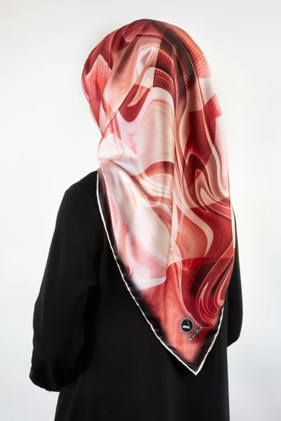 Twill Soyut Dalga Desenli Kırmızı Renkli 90x90 Eşarp (İpek İçermez) Dikim Şekli : El Dikişi ürün görseli 1