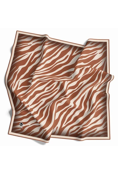Kristal Zebra Desenli Krem - Taba Renkli 90x90 Eşarp (İpek İçermez) Dikim Şekli : El Dikişi ürün görseli 1