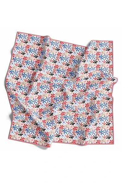 Twill Renkli Çiçek Desenli Pudra - Bebe Mavisi Renkli 90x90 Eşarp (İpek İçermez) Kenar Dikiş Şekli El Dikişli ürün görseli 1