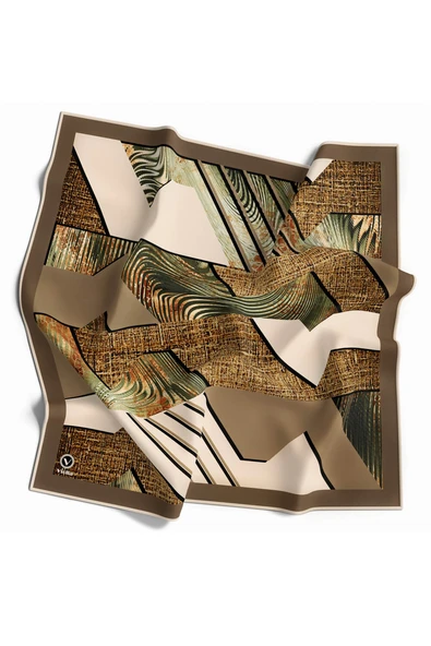 Twill Dalgalı Geometrik Desenli Bej Renkli 90x90 Eşarp (İpek İçermez) Kenar Dikiş Şekli El Dikişli ürün görseli 1