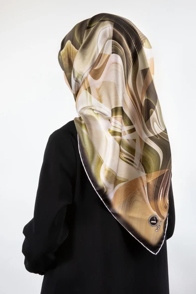 Twill Soyut Dalga Desenli Haki Renkli 90x90 Eşarp (İpek İçermez) Dikim Şekli : El Dikişi ürün görseli 1